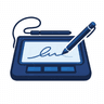 Icon: signature pad with a pen drawing a signature