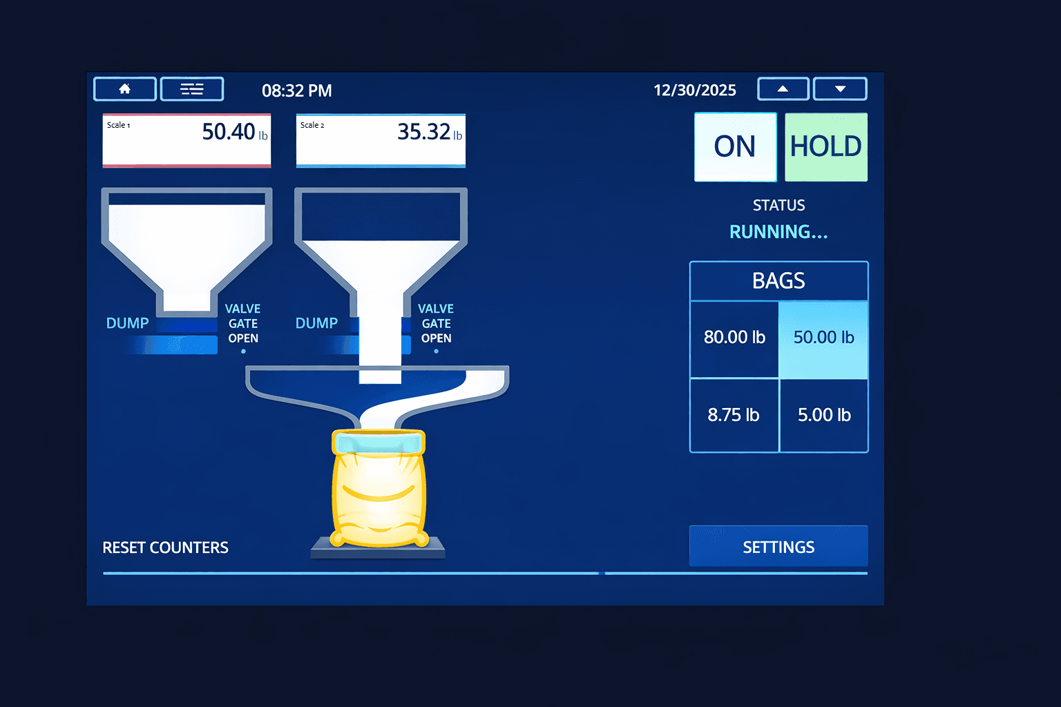 WeighVue Bagger fill screen showing live weight and fill progress