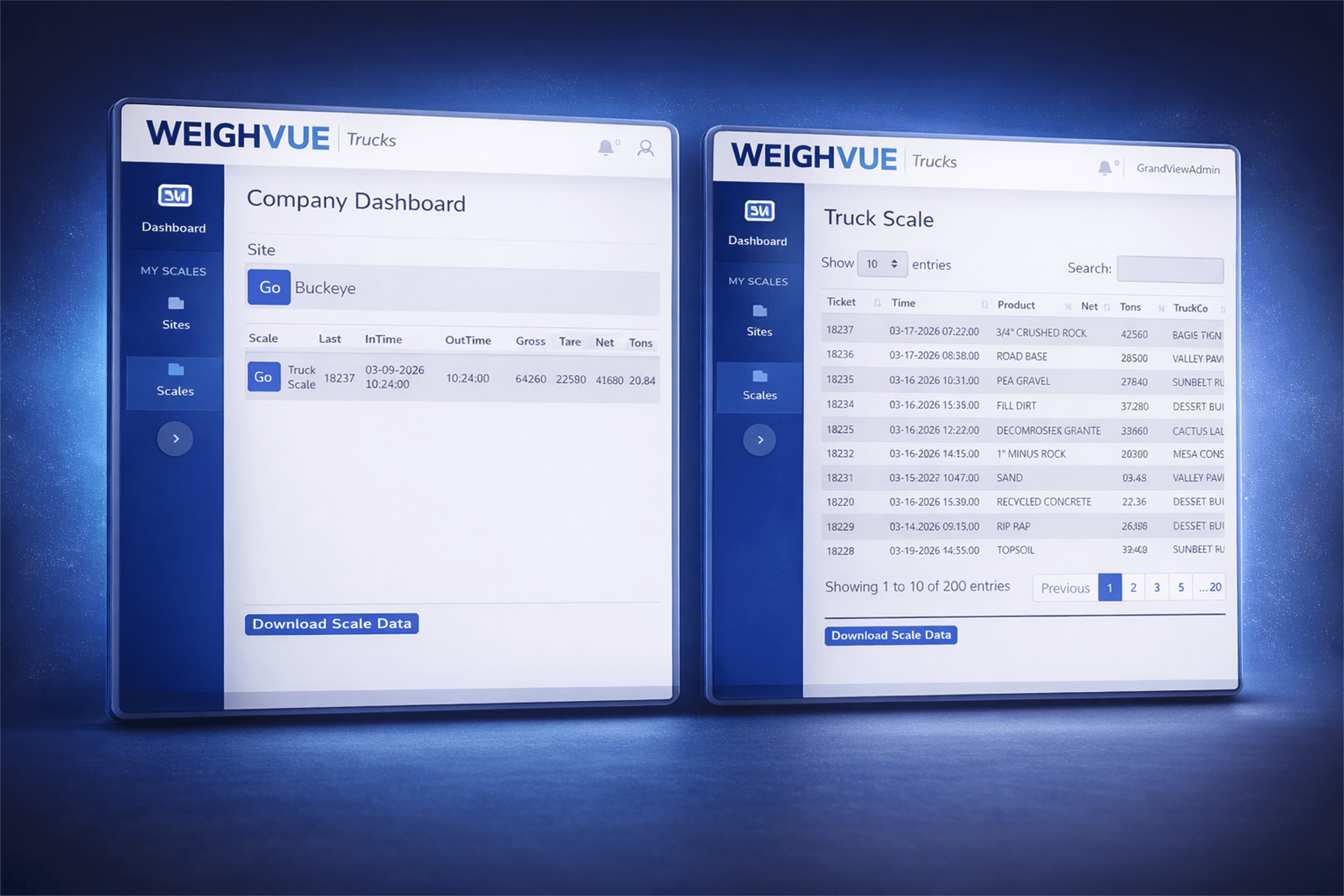 WeighVue Trucks dashboard showing main view and scale detail